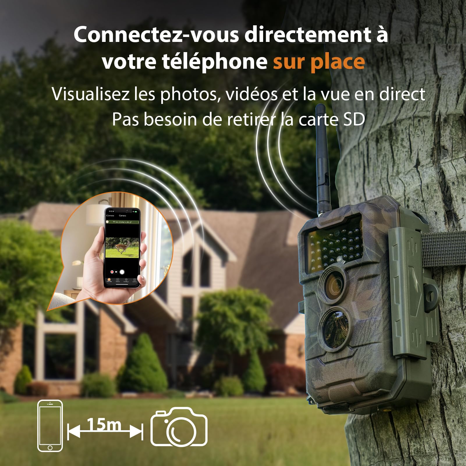 GardePro E6 Camera de Chasse WiFi, 64MP, vidéo 1296p H.264, Angle de Vue 110°, caméra de Chasse avec Vision Nocturne, détection de Mouvement, piège Photographique pour Jardin