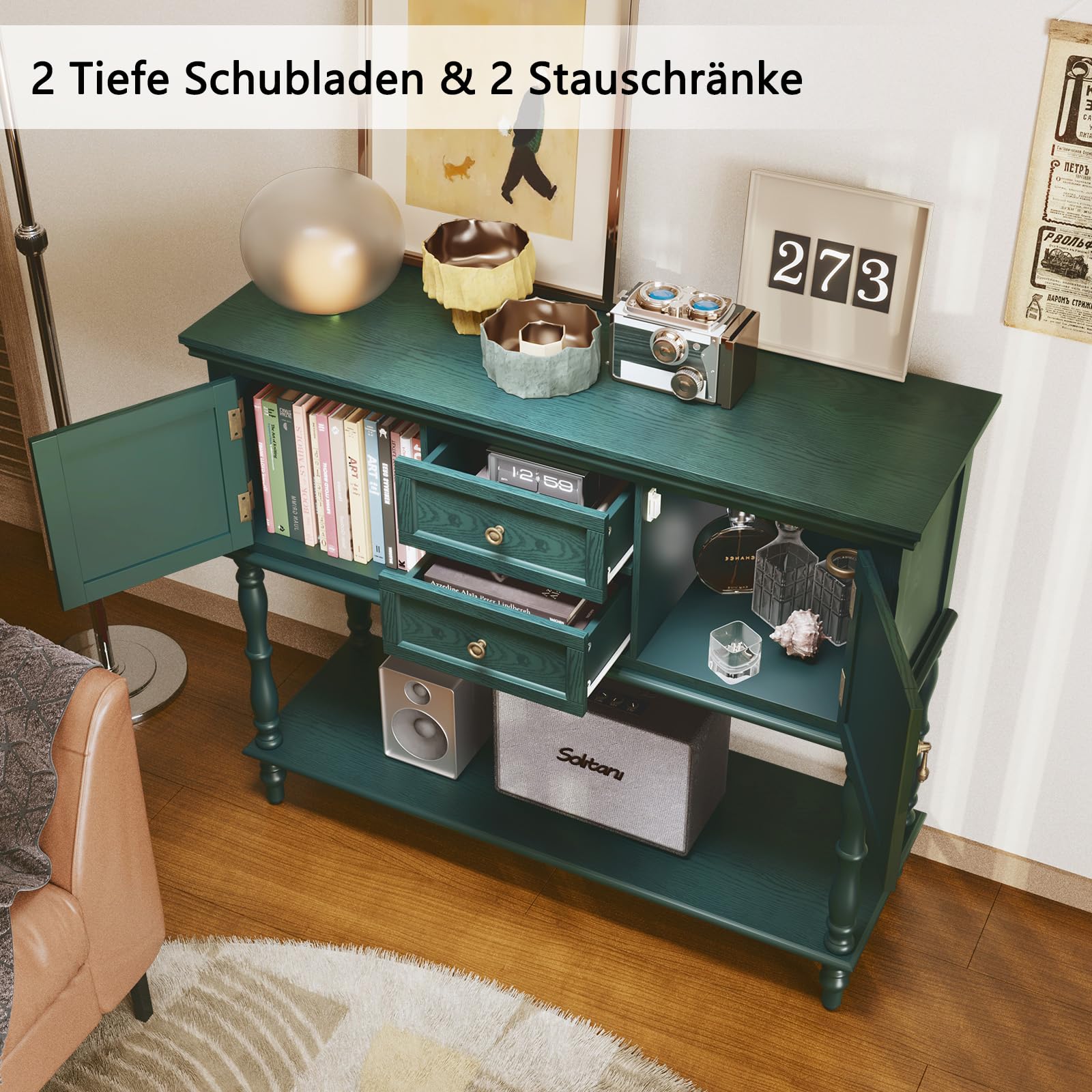 Konsolentisch mit Schubladen und Stauschrank, Holz Grün Konsolentisch Schmal mit Schublade Konsolentische fürs Wohnzimmer, Eingang, Hausflur, Schlafzimmer