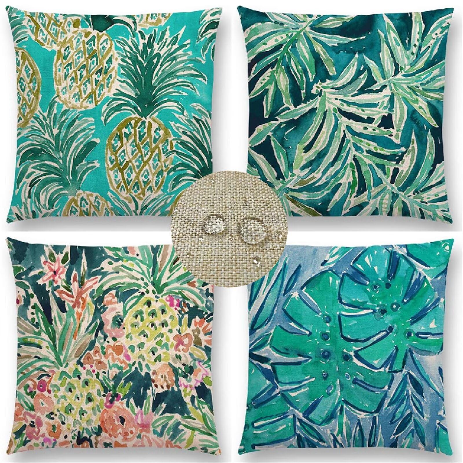 Set di 4 Federe Cuscini Divano 55x55cm, Foglie Fodere per Cuscini Esterno Impermeabil Lino Copricuscini Divano, Balcone Soggiorno Sedia Letto Salvia verde Cuscino per Divano Esterno Giardino HZ-11567