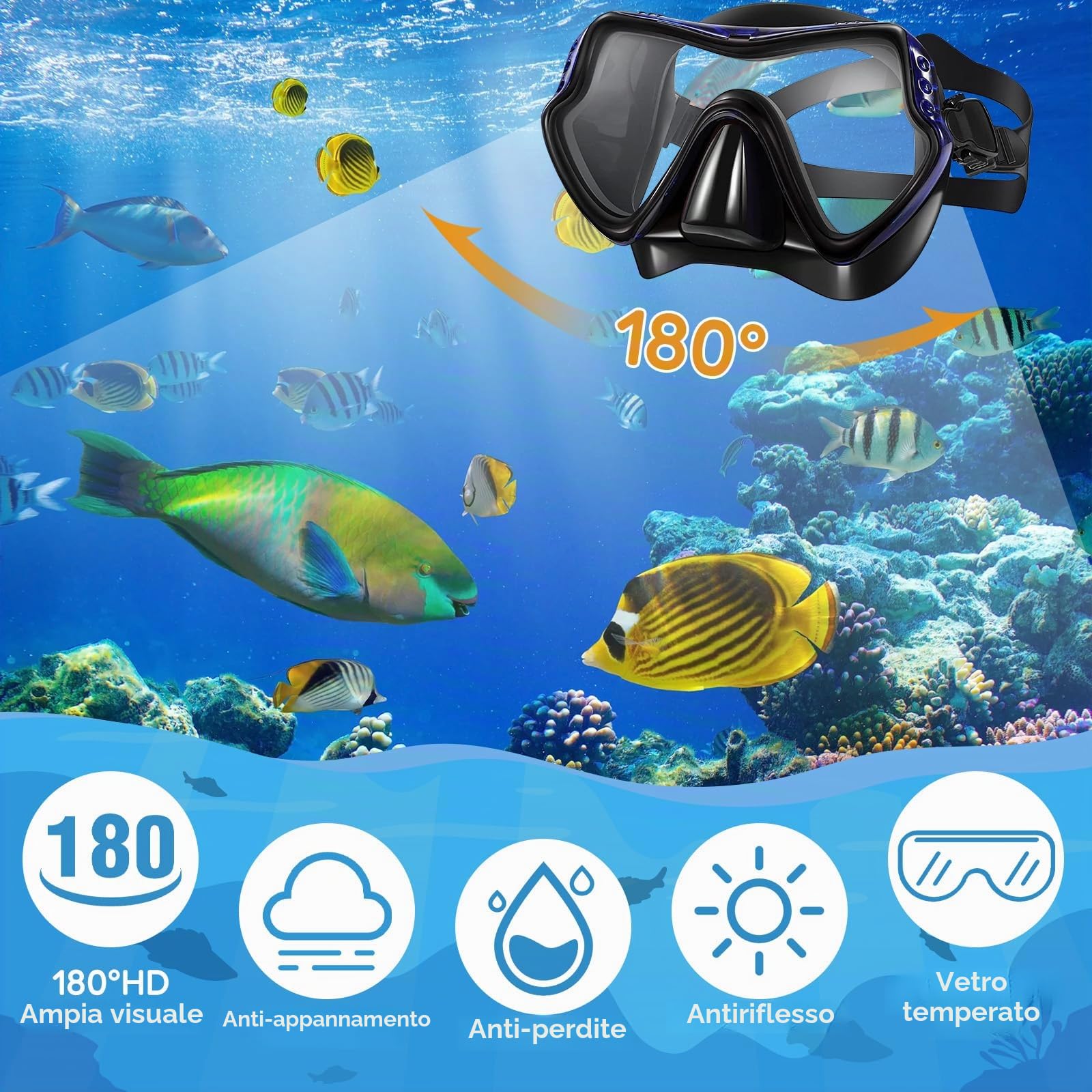 Maschera Snorkeling Adulto Antiappannante Panoramica 180° Set con Boccaglio