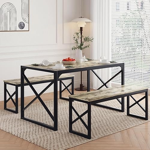 VECELO Juego de mesa de comedor de cocina para 6, comedor de madera de 55 pulgadas, 2 bancos con marco de metal para cenas, desayunos, rincón y Gris