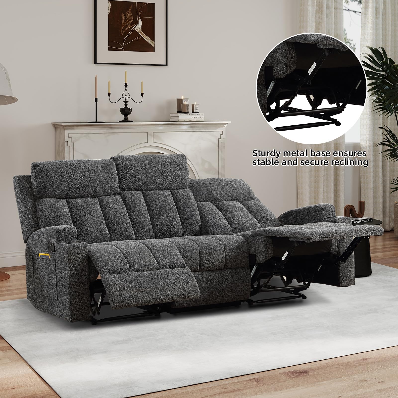 CANMOV Manual Recliner Sofa Set, 3 Seat Recliner with Side Pockets and Cup Holders, Sofa Couch with Adjustable Footrest for Living Room/Office/Home Theater, Dark Grey view 5