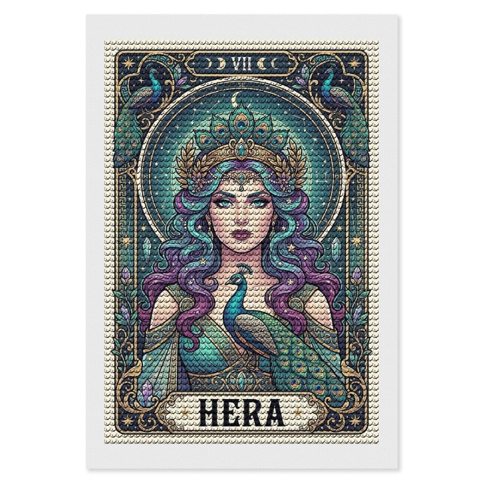 Junmoney Hera Goddess with Peacock Diamond Art Canvas 8"x12", for Adults, Printed Canvas, Home Wall Decor, Gift Idea, Mindful Craft Activity