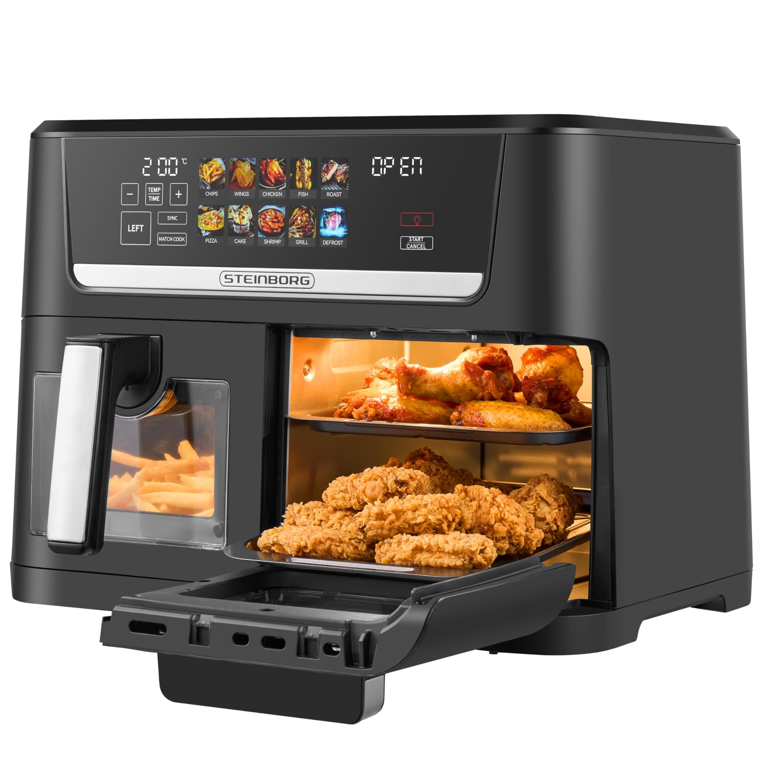 Steinborg® XXL Heißluftfritteuse Dual Zone 14 Liter (8L + 6L) Air Fryer 1700W mit 2 Kammern & 2 unabhängigen Garzonen, Digital Display 10 Programme 60–200°C ohne Öl frittieren Spülmaschinenfester Korb