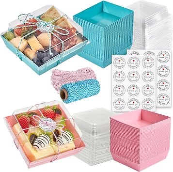 Leafiew 100 Pack Small Charcuterie Boxes with Clear Lids and Forks - Square - To Go Paper Disposable Food Containers, Dessert Boxes for Sandwich, Cookie, Sushi, Cake Slice, Strawberries Blue,pink