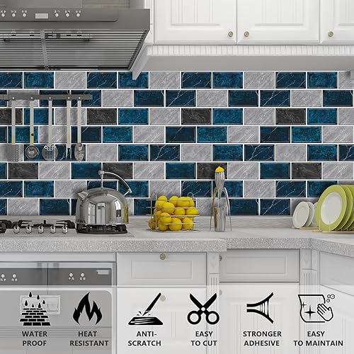 Miniatura 3 de URCOLOR Azulejos autoadhesivos para salpicaduras de cocina, 12 x 12 pulgadas, azulejos de pared autoadhesivos para salpicaduras de baño, aspecto de