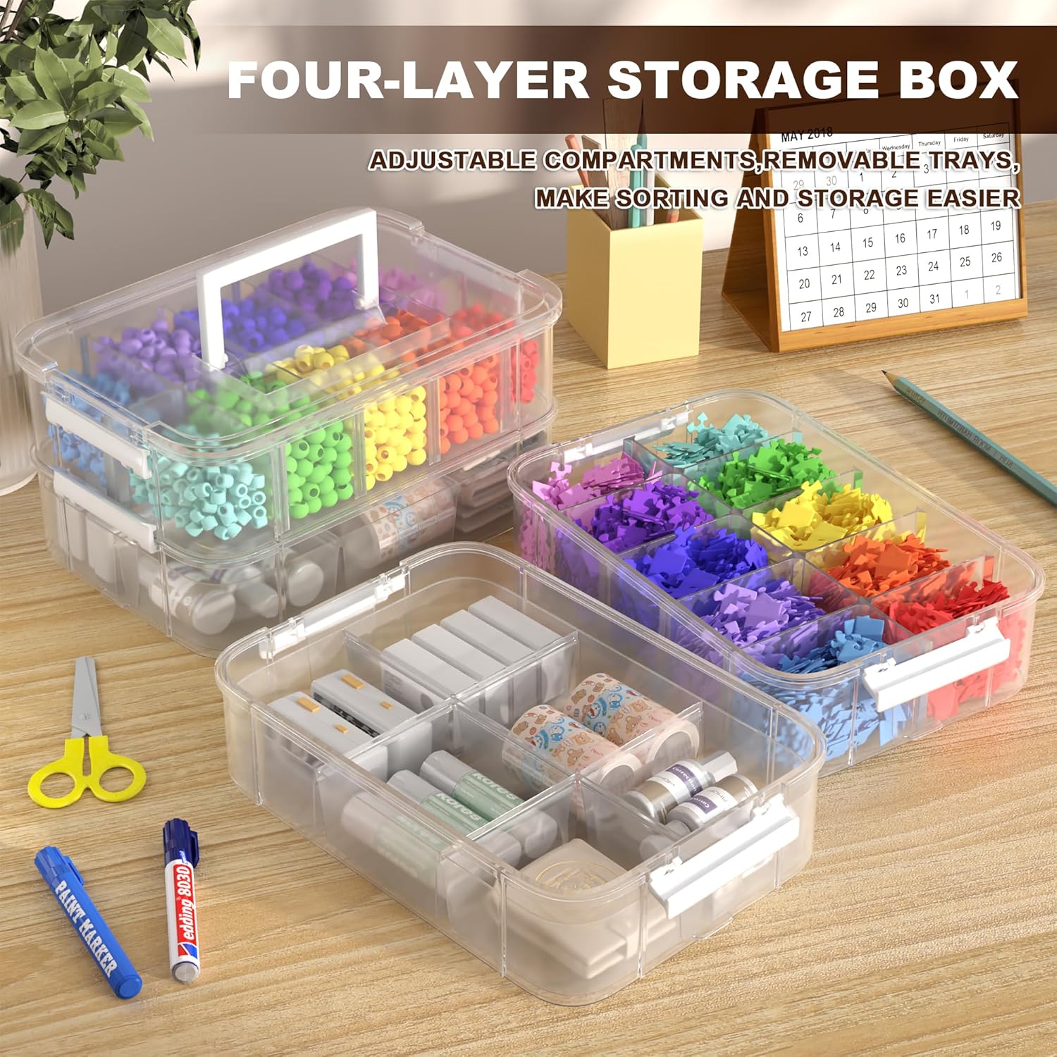 4-Tier Plastic Craft Storage and Organizers with 2 Removable Trays and 20 Adjustable Compartments, Art Supply Storage Organizer for Sewing,Puzzles,Washi Tape,Nail Polish