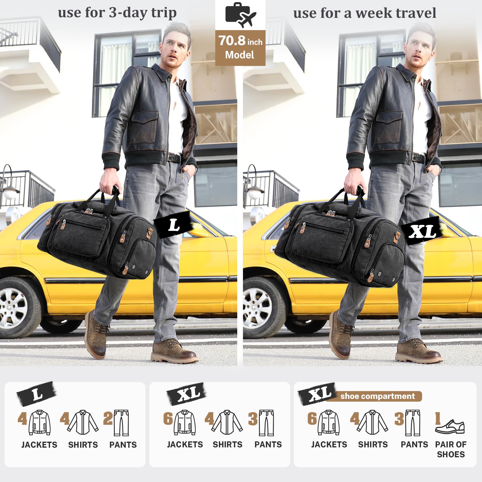 Gonex Canvas Reisetasche 60L Erweiterbar, Weekender Handgepäck | mit Schuhfach, Viele Fächer, Abnehmbarer Schultergurt, Doppelter Reißverschluss, Kurztrips, Herren & Damen, Dunkelgrau
