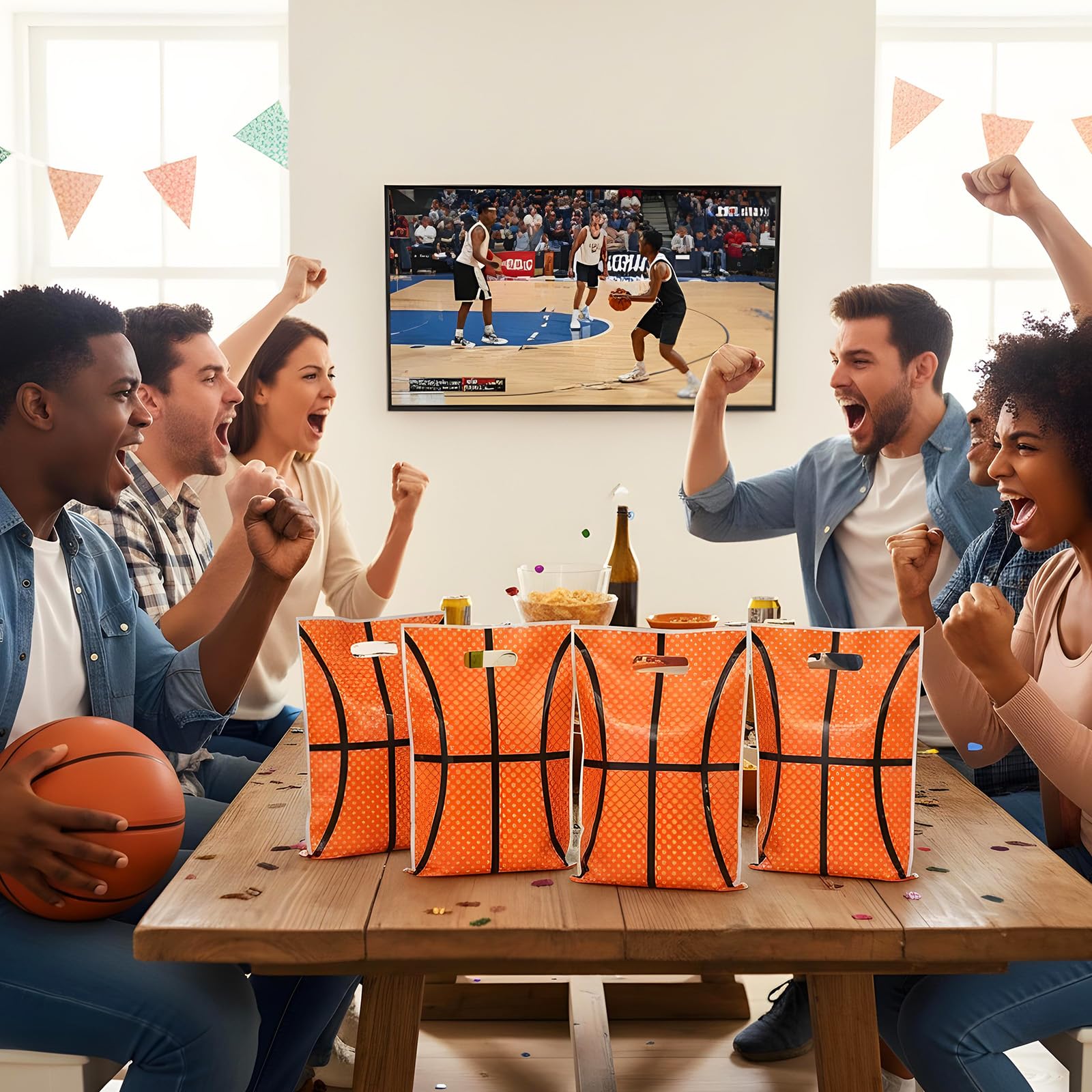 DOPENSPI 50PCS Basketball Gift Bags with Handle, 9.8x6.7in Plastic Basketball Goodie Bags Basketballs Party Favor Bag Basketballs Themed Parties Supplies for Birthday Sport Theme Party Decorations