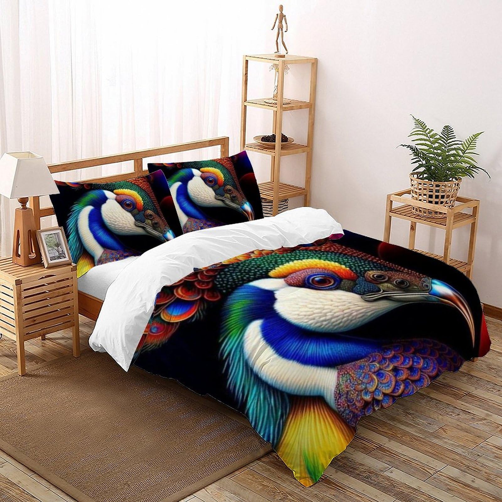 Housse de couette paon grand lit 220x240cm anti-pli en microfibre respirante pour l'été
