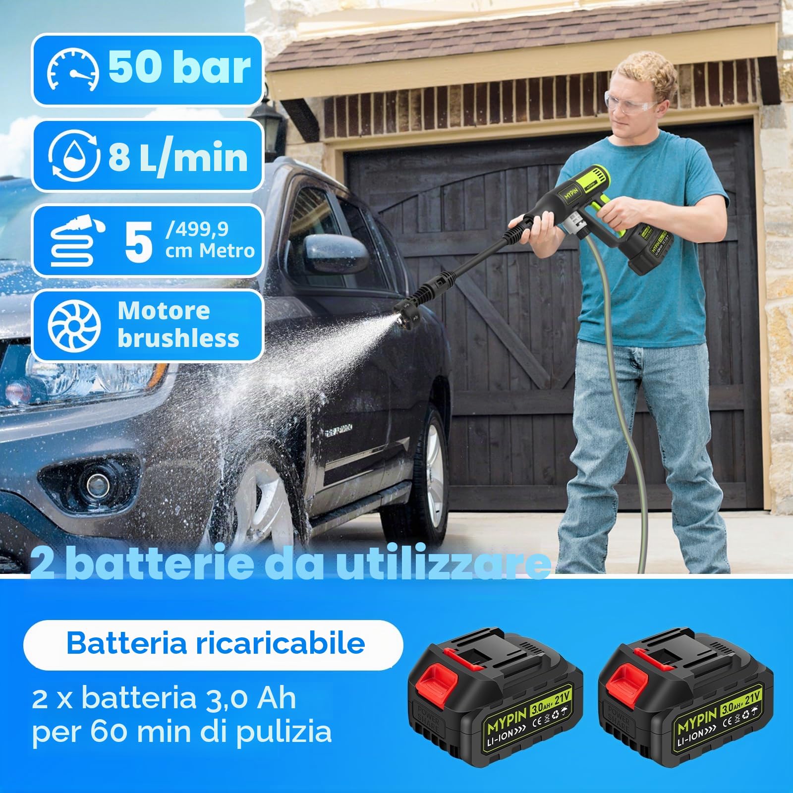 Idropulitrice a Batteria con Display LCD, 725 PSI, 2 Batteria Ricaricabile 21V, Ugello 6-in-1, Idropulitrice Portatile per Pulizia Auto, Pavimenti, Pareti e Recinzioni