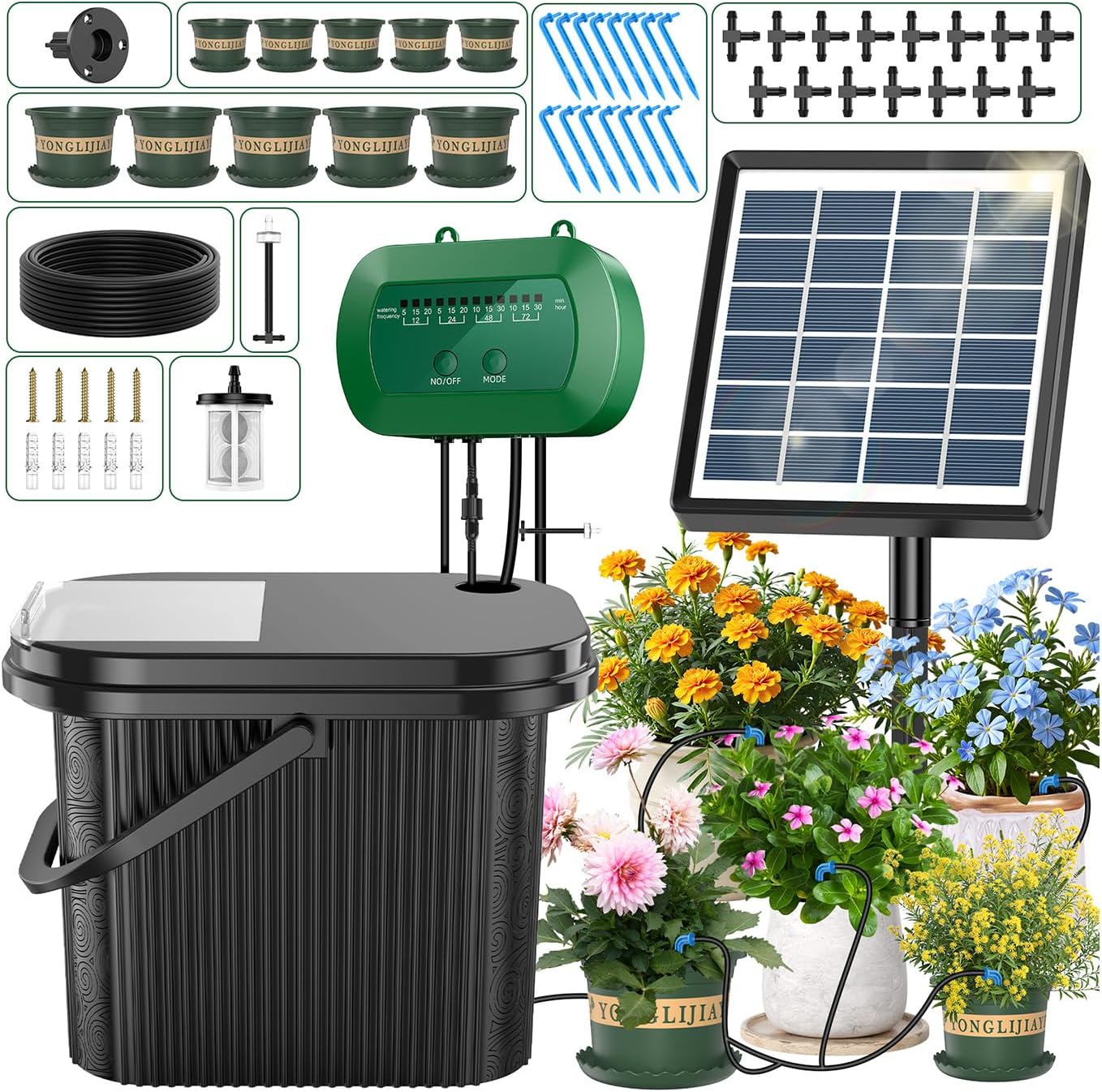 Solar Drip Irrigation System, Automatic Watering Kit with Split Design & Anti-Siphon Valve, 12 Modes Garden Irrigation System with 49ft Hose for 15 Potted Plants, Patio, Balcony & Greenhouse