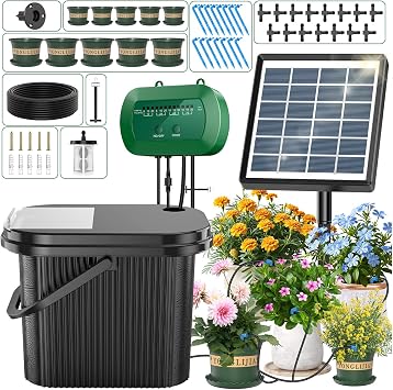 Solar Irrigation System,Solar Drip Irrigation Kit with 15 Drippers,Bucket and 10 Flower Pots,Solar Watering System DIY Automatic Watering System for Garden/Plant/Greenhouse/Terrace,Eco-Friendly