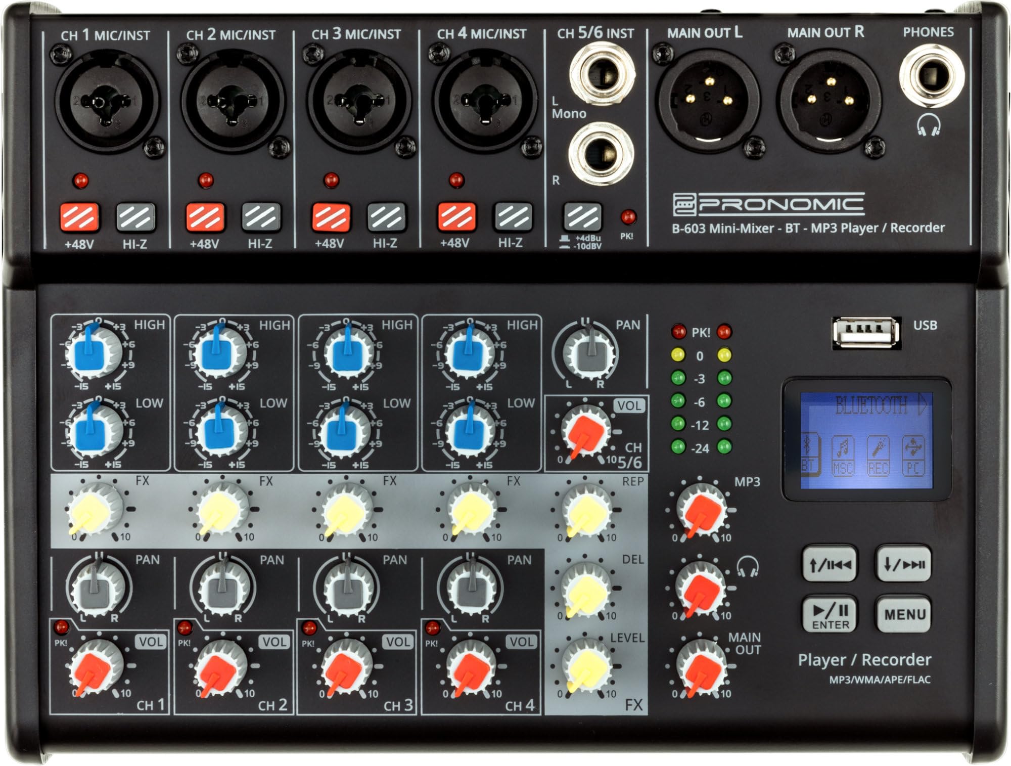 Pronomic B-603 Mini-Mixer mit Bluetooth und USB-Recording - Kompakter 6-Kanal Mixer - 4 Kanäle mit Combobuchsen, Phantomspeisung und Hi-Z Schalter - USB-Port - Main-Ausgänge im XLR-Format - Schwarz