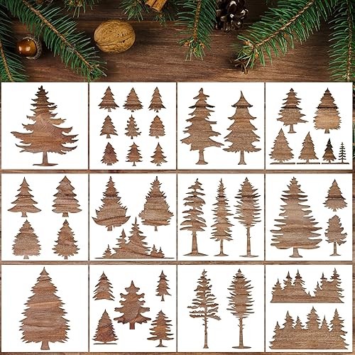 PAGOW 8 plantillas de pinos, plantillas de dibujo reutilizables, plantillas de pintura artística para pintar sobre madera, Navidad de invierno,