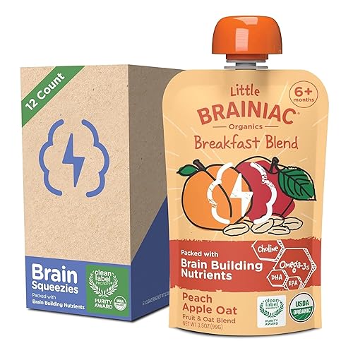 Miniatura 10 de Little Brainiac Paquete Variado Mezcla de Desayuno Bolsas Orgánicas de Fruta y Avena para Niños Pequeños, Plátano Manzana Avena y Manzana Baya Avena