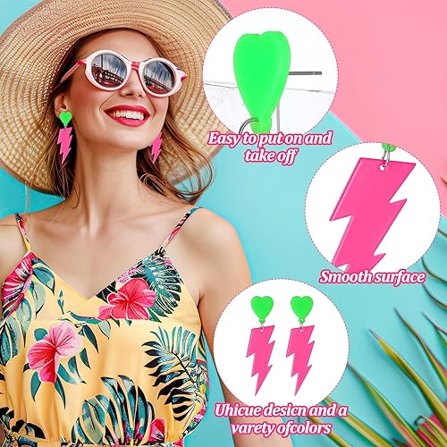 Miniatura 3 de Hot Pink 80s Earrings for Retro Party - Neon Lightning Bolt Heart Earrings for 90s 80s Halloween Costume - Acrylic Neon Earring Jewelry for Women