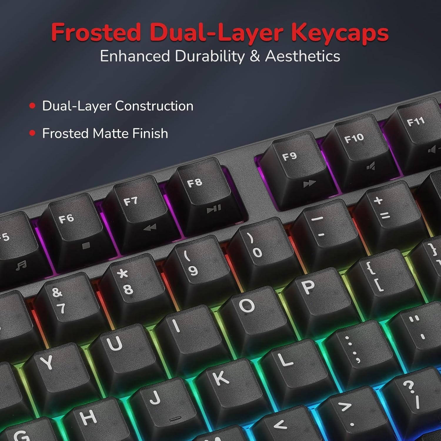 Close-up of the RK ROYAL KLUDGE S104's frosted dual-layer keycaps, emphasizing their enhanced durability and aesthetic appeal.