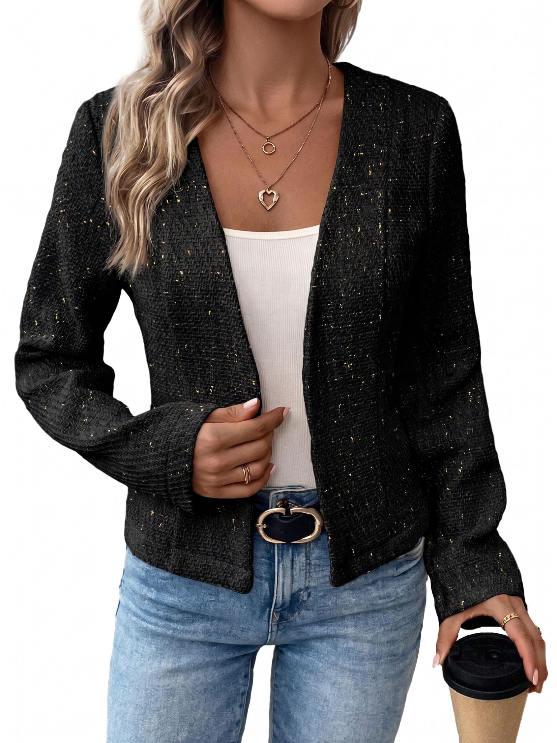 2026 Spring Women's Tweed Blazer Jacket - Collarless Open Front Fully Lined Elegant Fitted Fashion Casual Work Coat-image-10