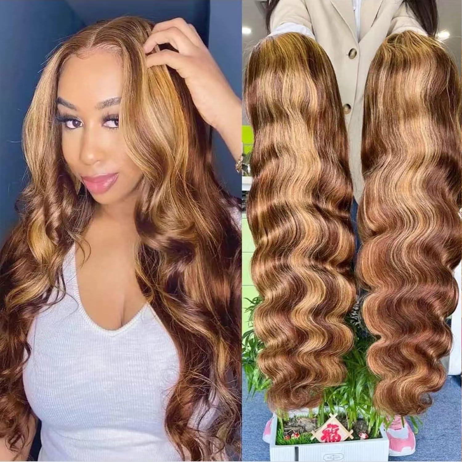 TDGBLS 200% Density 13x6 Highlight Ombre 4/27 Honey Blonde Hd Lace Front Wigs Human Hair Full Lace Frontal Highlighted Wig 13x6 Body Wave Highlights Wig Human Hair Wigs for Women