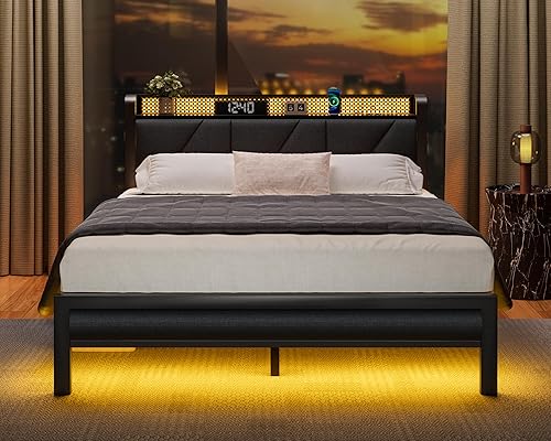 Miniatura 21 de Furnulem Base de cama matrimonial con luces LED, cabecero con estación de carga y puerto USB, plataforma tapizada, soporte de metal, no necesita