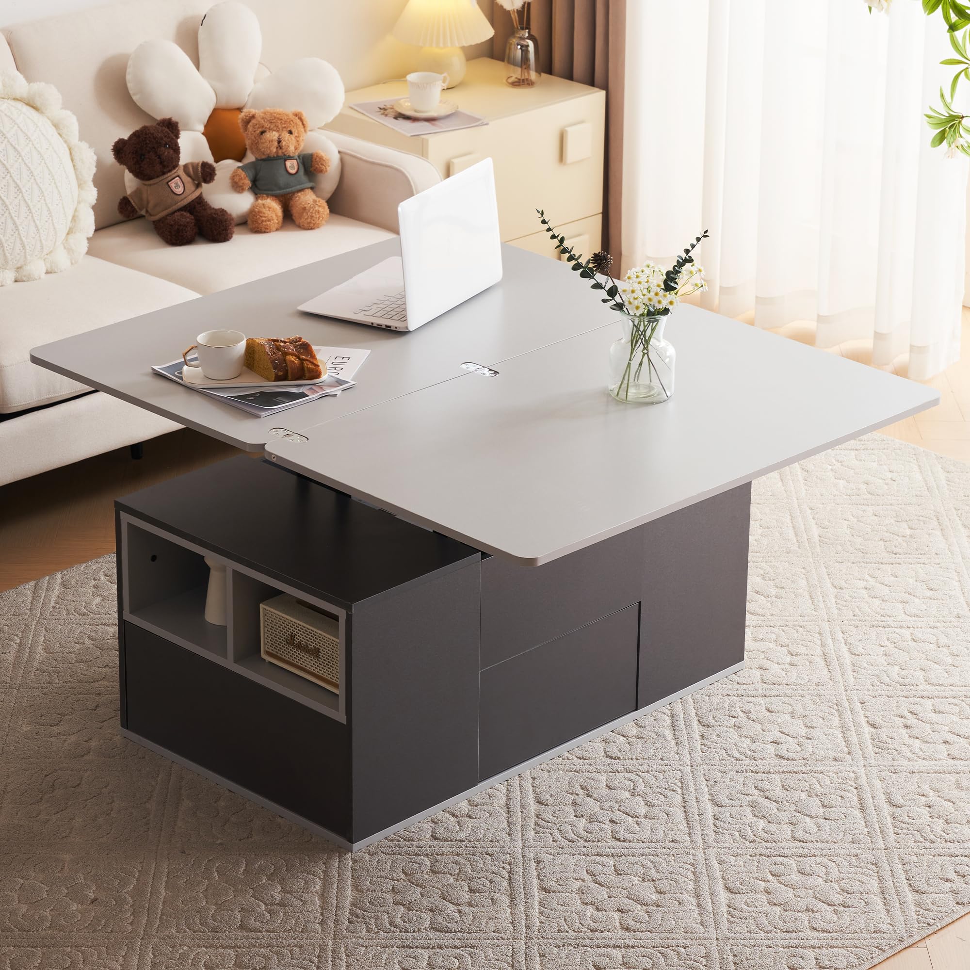 Mesa de centro multifunción elevable - La mesa se abre a 2 mesas, gris oscuro + gris claro, gran capacidad, muebles modernos de salón, mesa auxiliar de oficina, mesa auxiliar multifunción