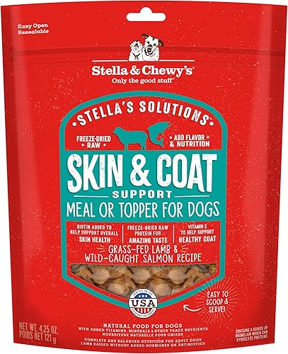 Stella & Chewy's Stella's Solutions Skin & Coat Boost - Alimento para la cena de cordero alimentado con pasto y salmón capturado en la naturaleza -