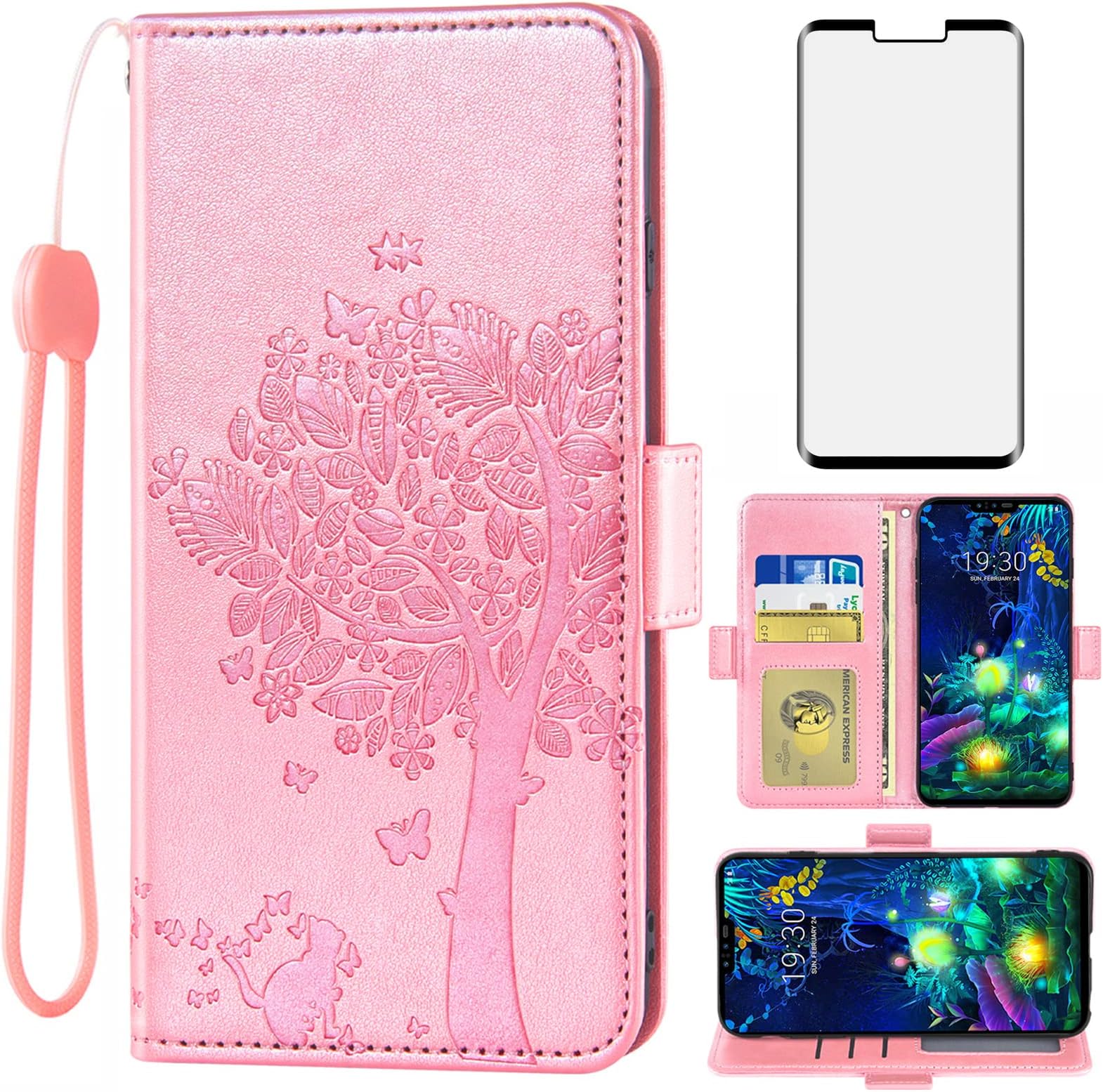 Asuwish Compatible with LG V50 ThinQ Wallet Case and Tempered Glass Screen Protector Flip Wrist Strap Card Holder Stand Cell Phone Cover for LGV50 5G V 50 Thin Q V50ThinQ 50ThinQ 50V Women Rose Gold