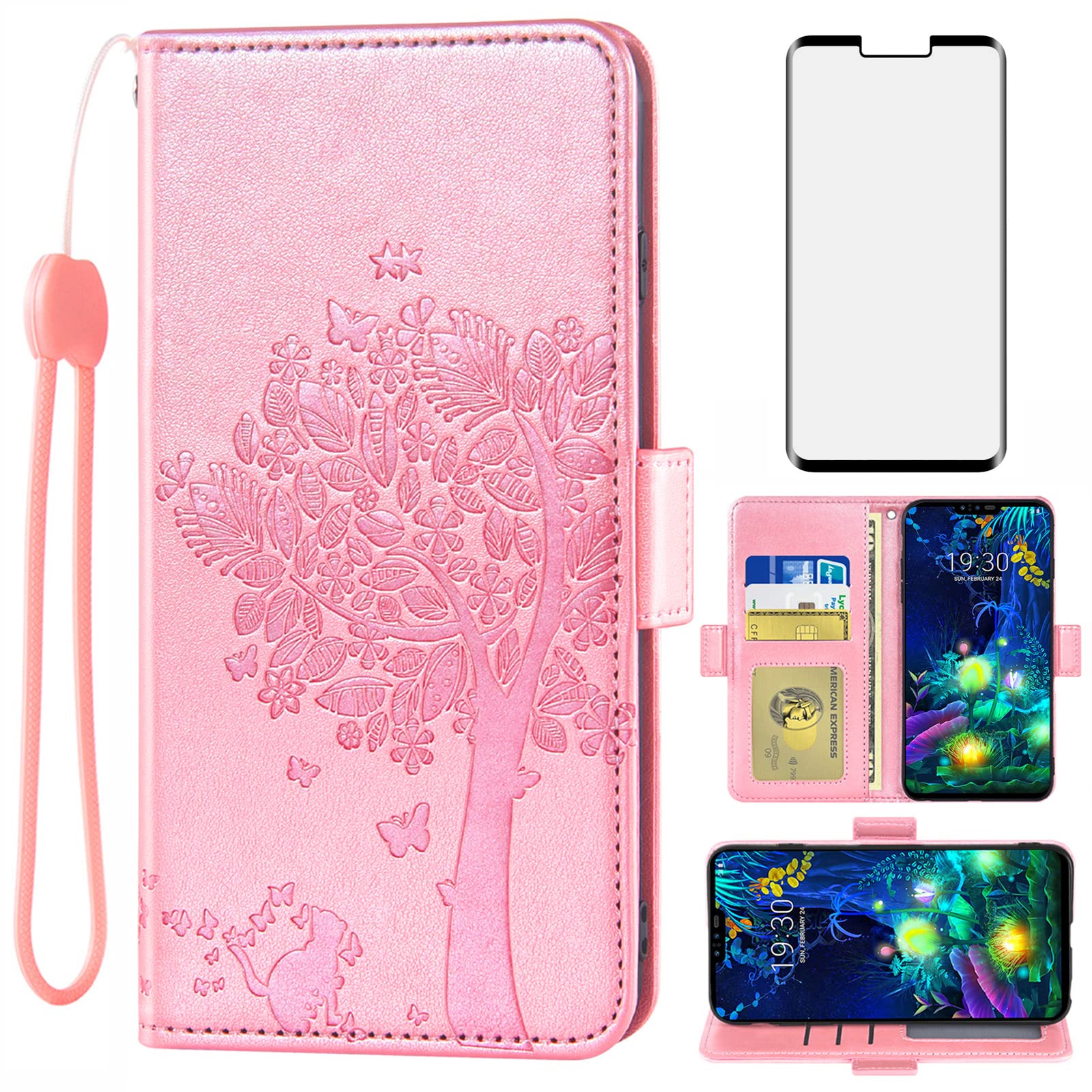 Asuwish Compatible with LG V50 ThinQ Wallet Case and Tempered Glass Screen Protector Flip Wrist Strap Card Holder Stand Cell Phone Cover for LGV50 5G V 50 Thin Q V50ThinQ 50ThinQ 50V Women Rose Gold