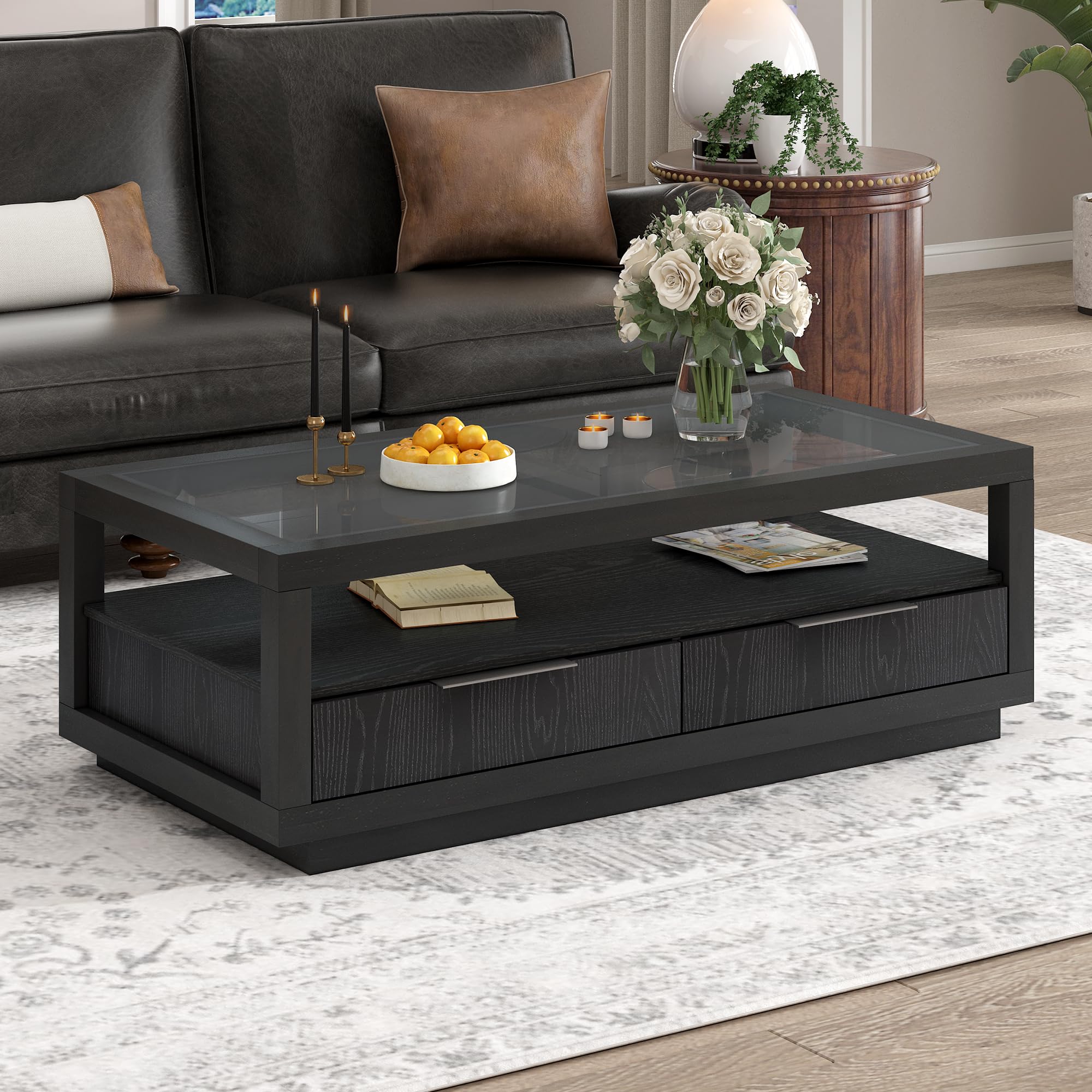 Amazon.com: Goujxcy Modern Wood Coffee Table with Glass Top