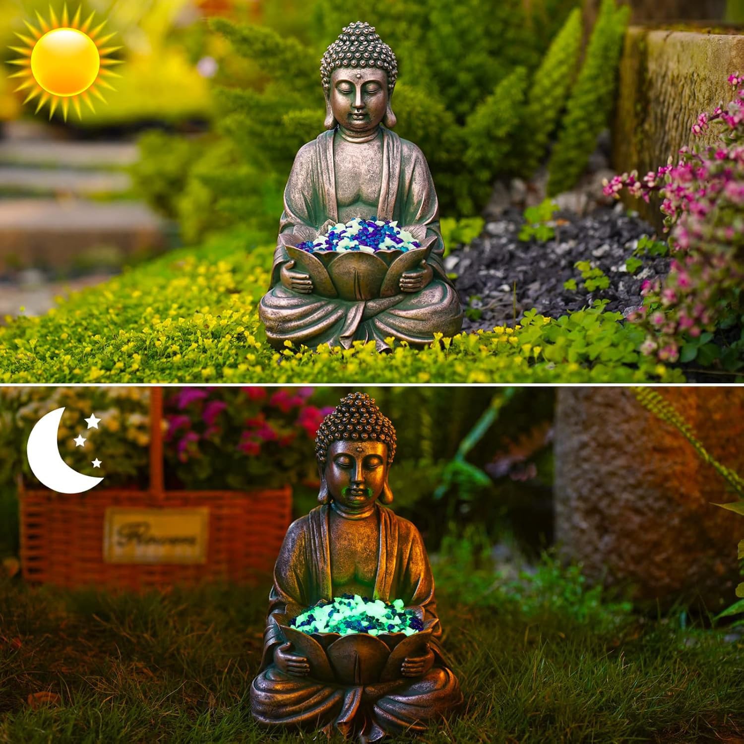 Yeomoo Figura de Buda de meditación, decoración de jardín para exterior, Buda Zen, decoración de jardín, salón, balcón, figuras grandes con piedras de loto y piedra de cristal, regalos para mujeres