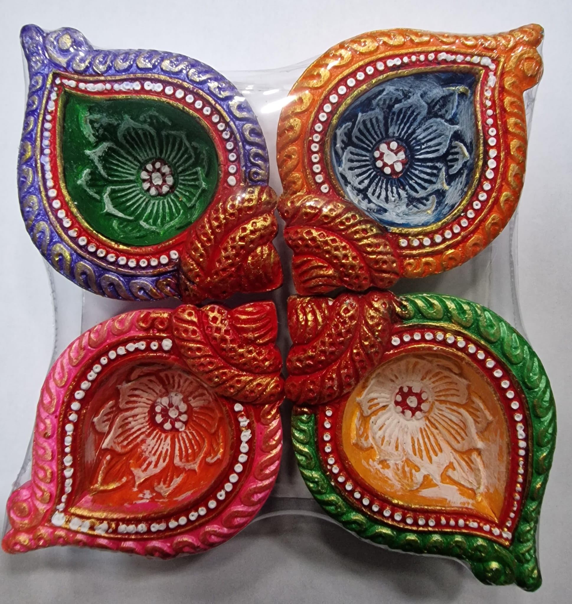 Traditional Decorative Colorful Diya (Set of 4) – Handcrafted Clay Lamps for Puja, Festivals, Diwali & Home Decoration (Design 2 (Pack of 1))