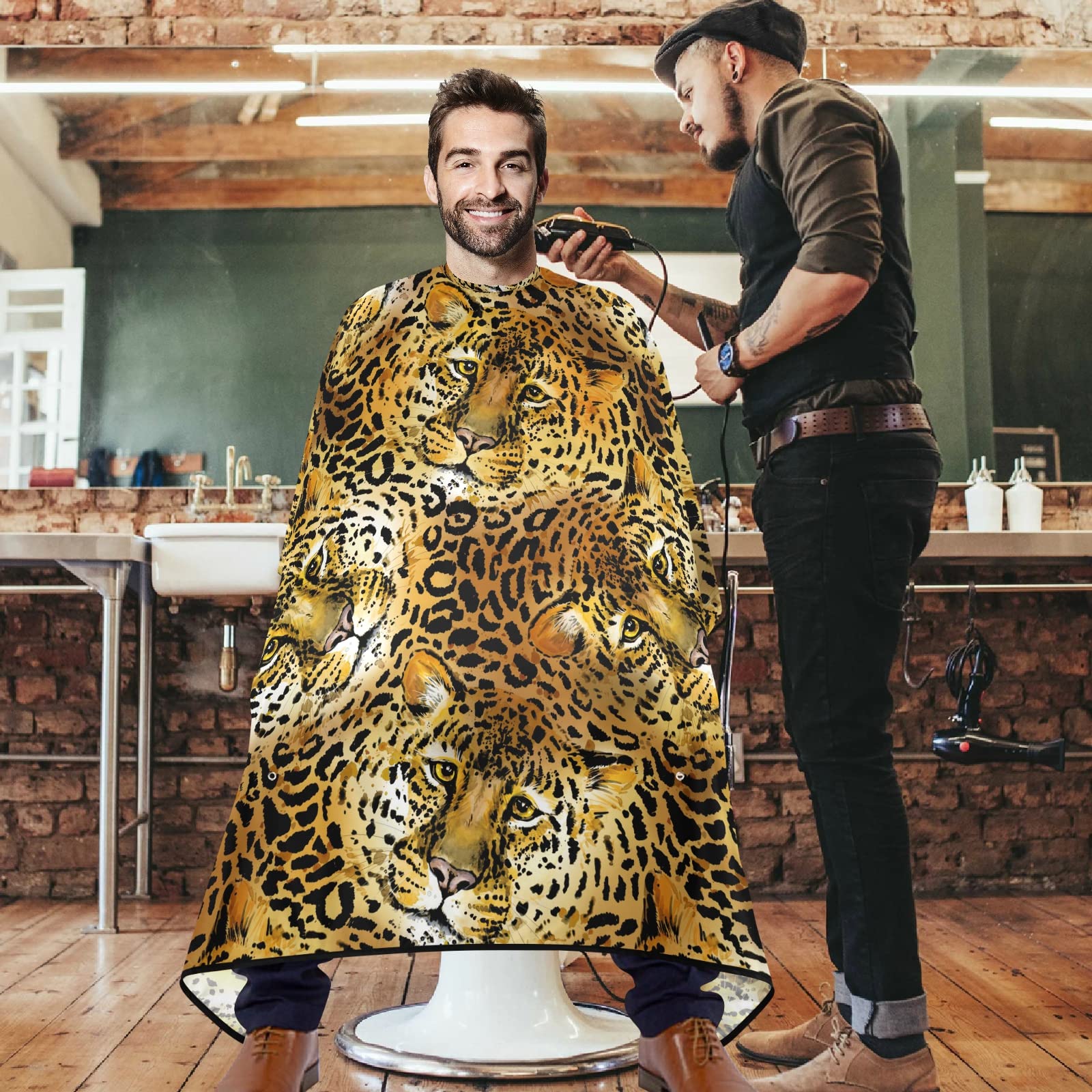 visesunny Barber Cape Golden Leopard Pattern Polyester Hair Cutting Salon Cape Apron Anti-Static Haircut Water-Resistant Shaving Cloth Beard Shaving Bib Hairdressing Cape