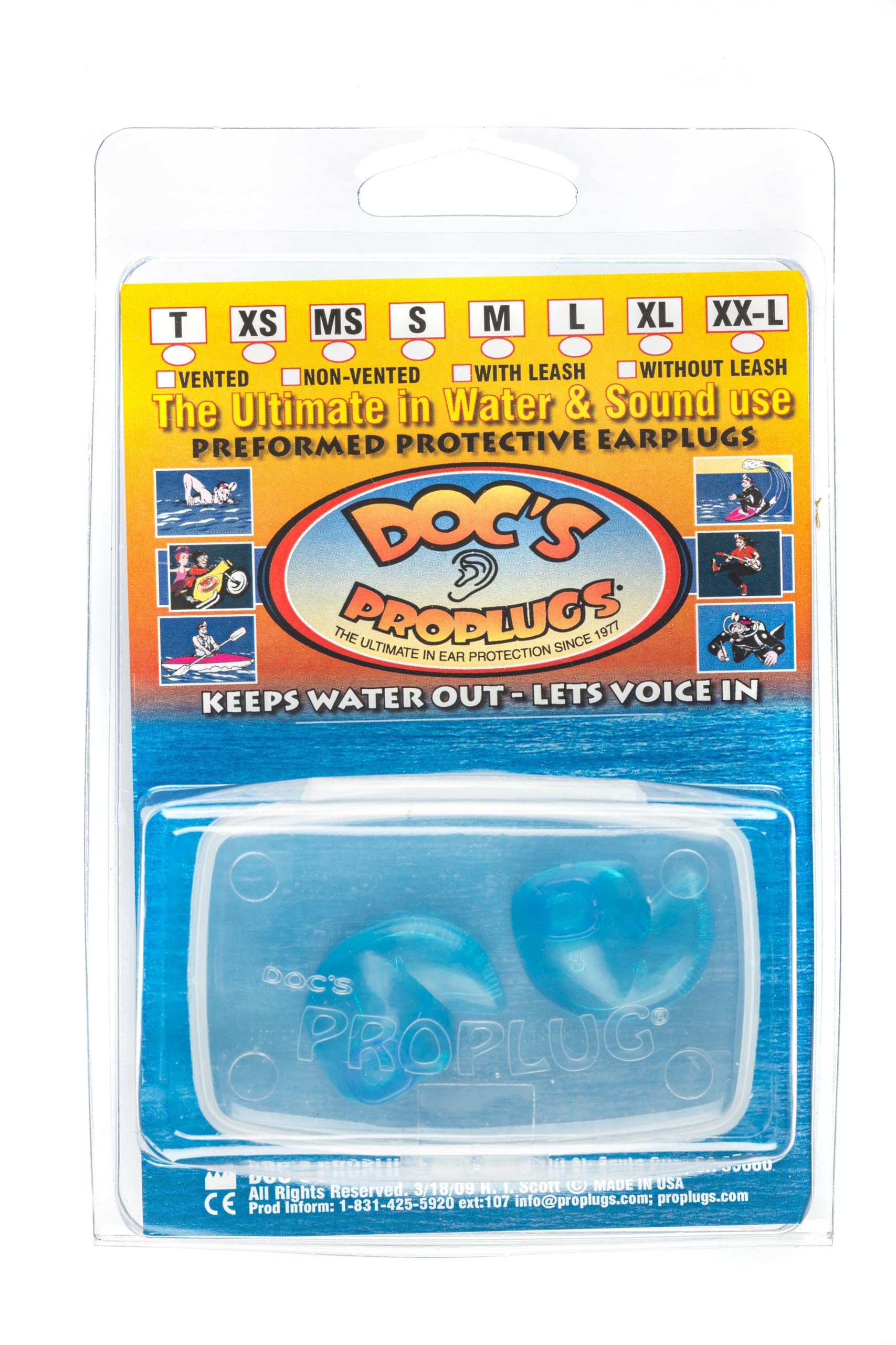 Medium – Doc's Proplugs non ventilé – Bleu – Sans fuite – Bouchons d'oreilles réutilisables pour la natation, le bain, l'utilisation industrielle légère | Bloque l'eau, le bruit et les irritations |