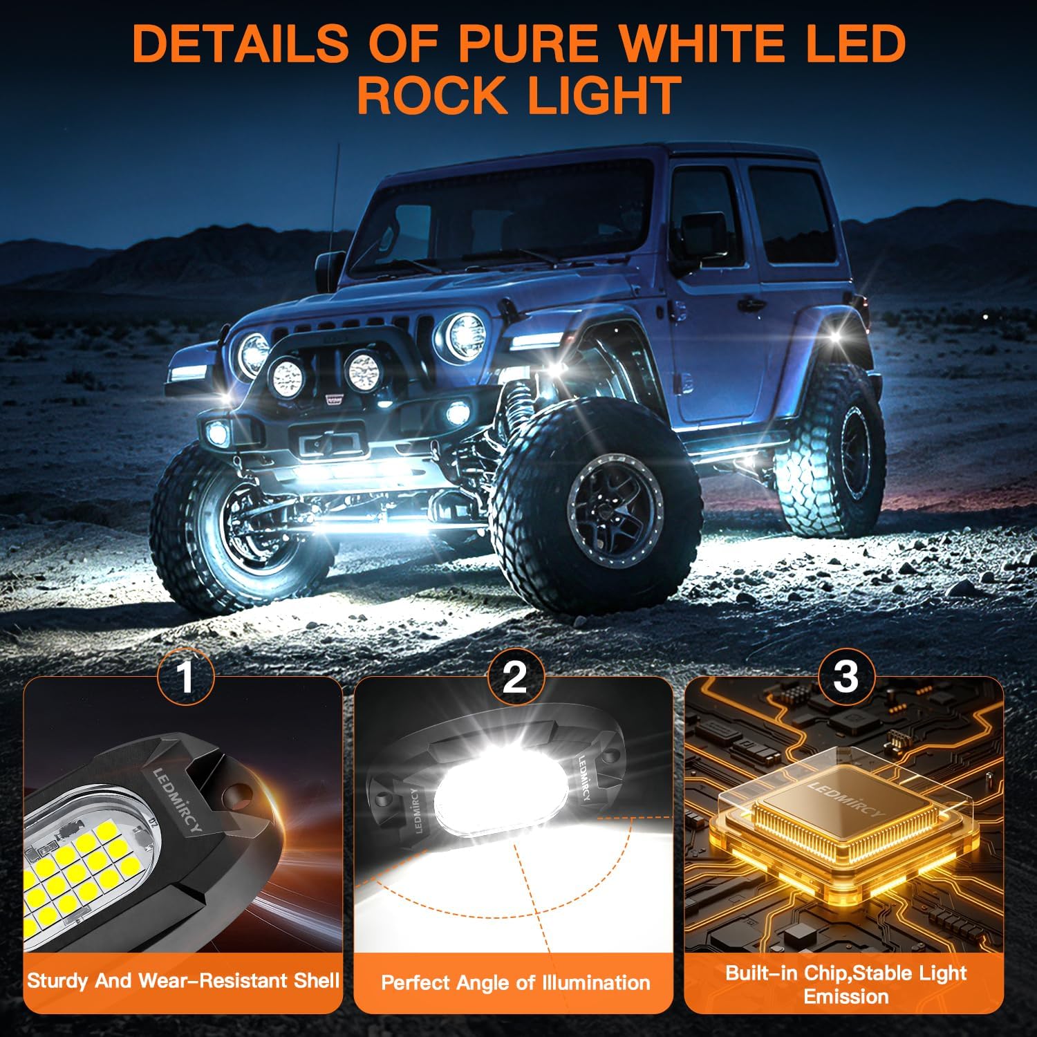 Rock Lights,LEDMIRCY R6 Pure White Rock Lights for Trucks Wire Harness Kit
