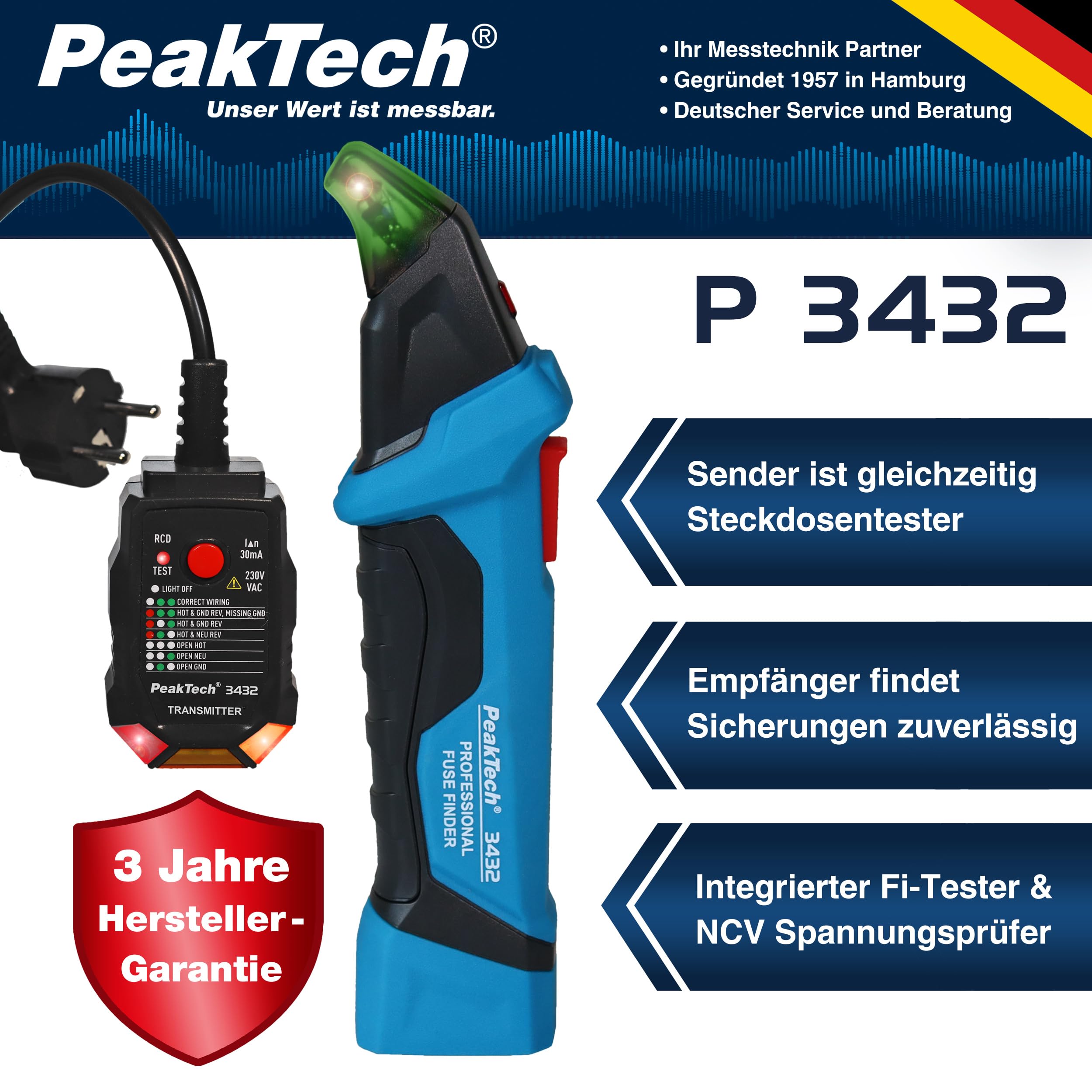 PeakTech P 3432 Sicherungsfinder Ortungsgerät für Stromkreise Spannungsprüfer berührungslos 230V Schuko NCV Phasenprüfer Leitungssuchgerät