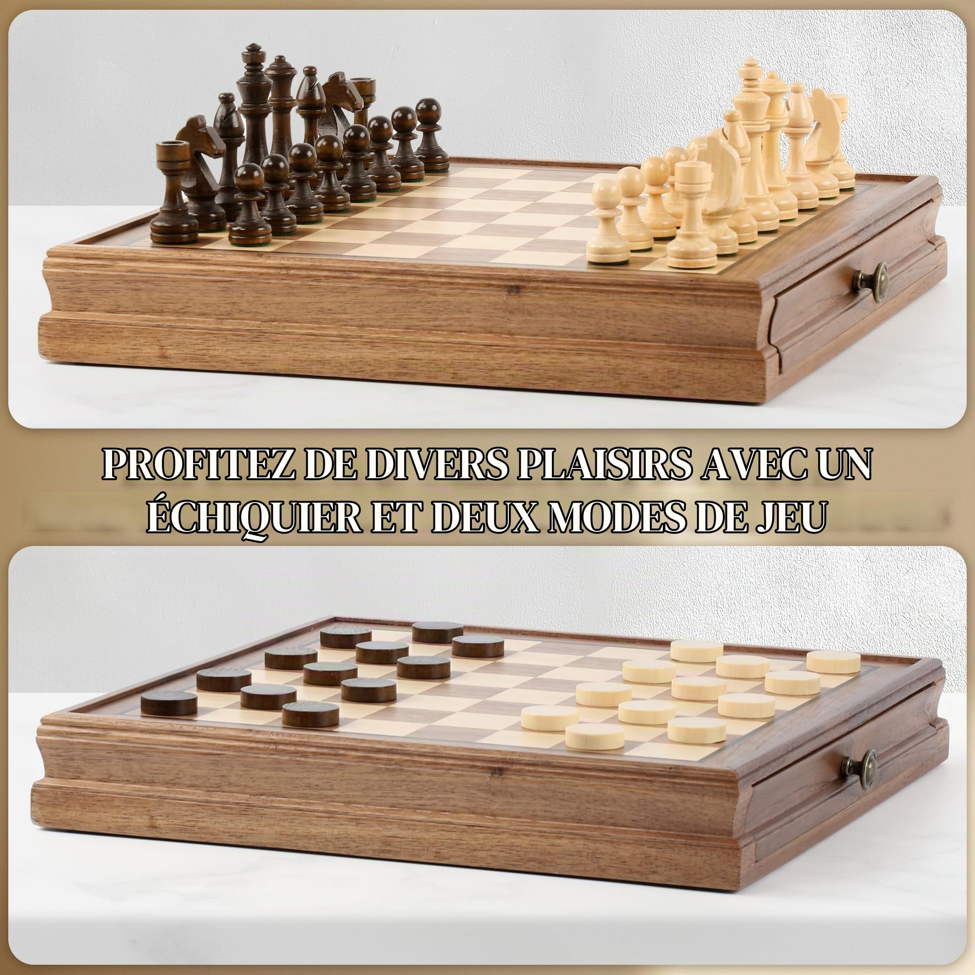 Jeu d'échecs et de dames magnétiques en bois de noyer avec tiroir, 2 en 1, grandes figurines en bois, échec de voyage pliable, pour adolescents à partir de 14 ans et adultes