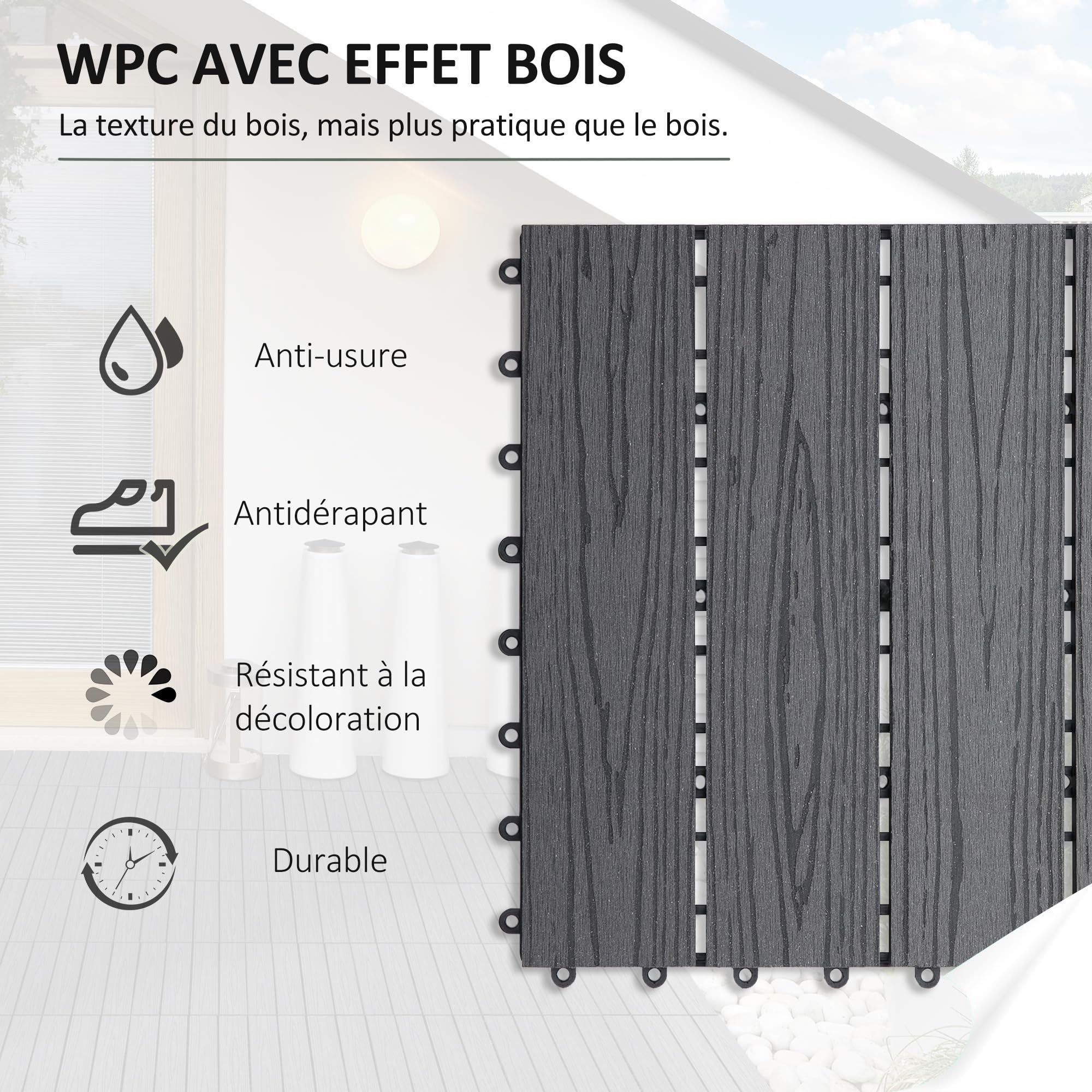Outsunny Dalles Terrasse Caillebotis Extérieur Lot de 11 pcs 30x30cm Gris | Emboîtables, Surface Max. 1 m², Installation Très Simple