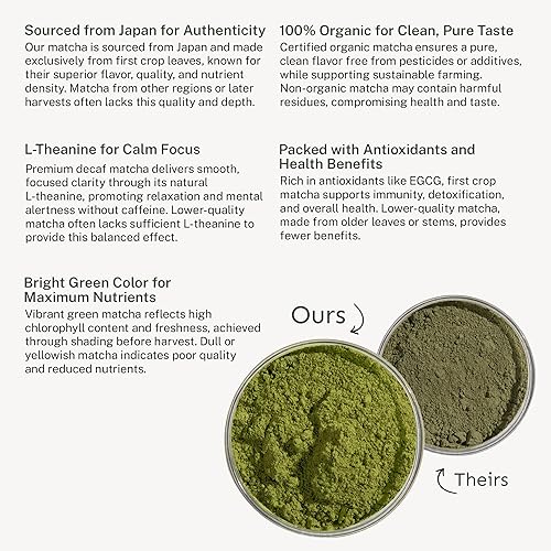Miniatura 9 de Yu Té orgánico descafeinado matcha en polvo de grado ceremonial, rico en antioxidantes y L-teanina, bajo en cafeína, polvo de té verde japonés sin