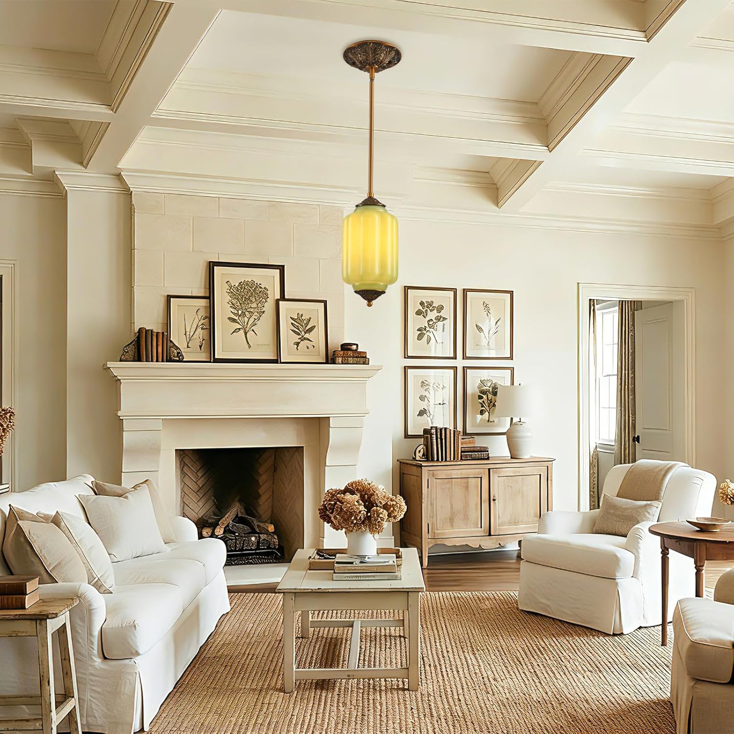 LOUSACE 5.5 in Vintage Milk Glass Ceiling Light Fixture, Antique Green Semi Flush Mount Milk Glass Pendant Light, Farmhouse Ceiling Light for Kitchen Hallway Dining Room Bedroom, LED Bulb Included