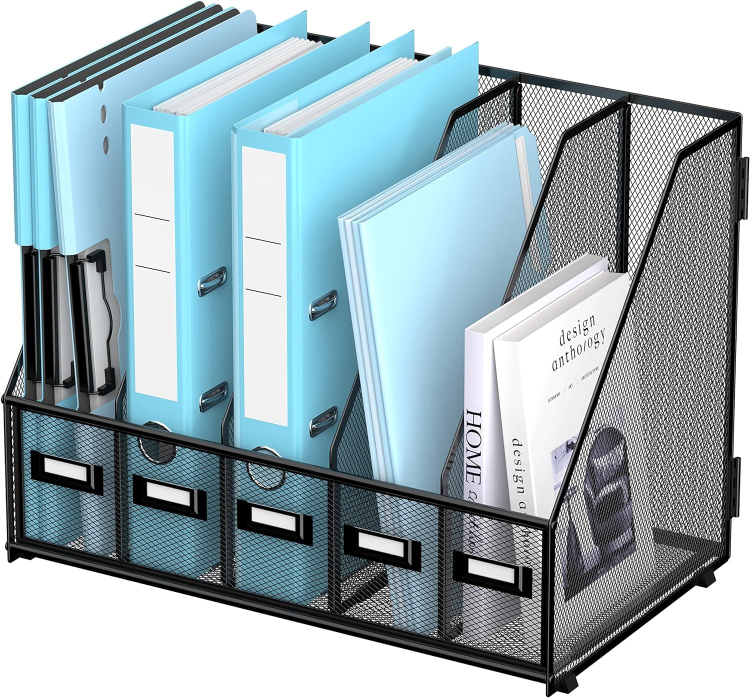 Porte-revues en métal pour bureau avec 5 compartiments verticaux, organiseur de bureau pour bureau, espace de travail à domicile, noir Plus