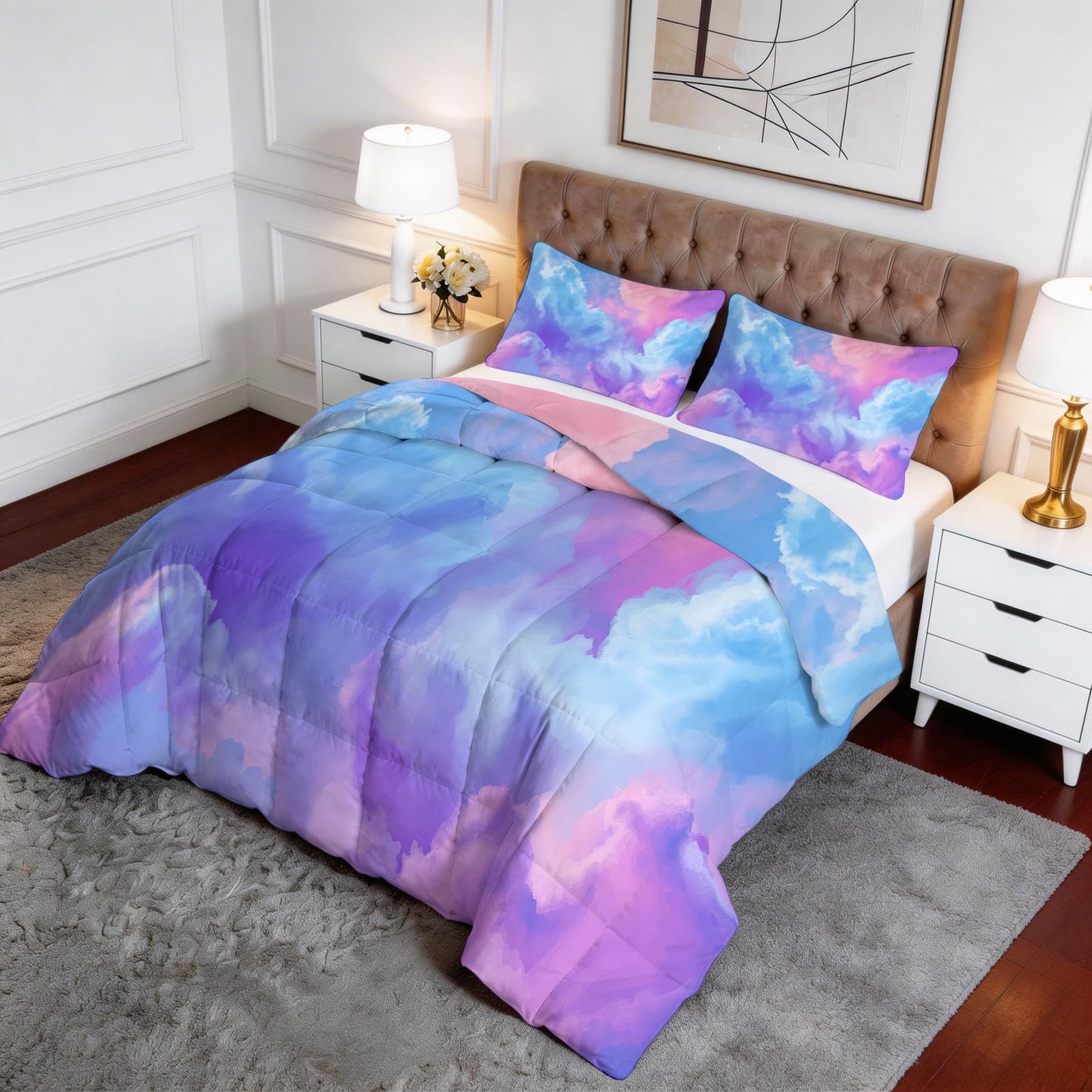 Générique Trapunta 200 x 220 cm Acquarello Sognatore Nuvole Arte - Piumino senza fodera reversibile stampato 4 stagioni blu-viola - Piumino lavabile leggero traspirante coperta trapuntata estiva fine