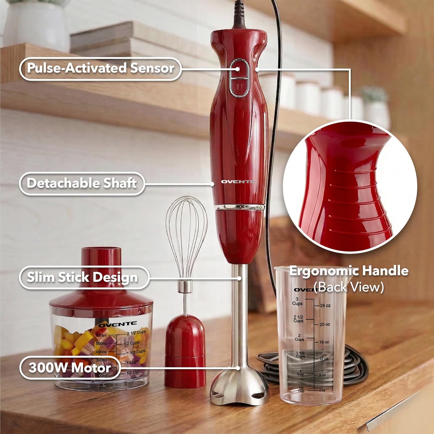 OVENTE Immersion Hand Blender Set, 300W Corded Electric Handheld Stick Mixer, 2 Mixing Speeds with Stainless Steel Blades, Egg Whisk, Beaker & BPA-Free Food Chopper, Red HS565R