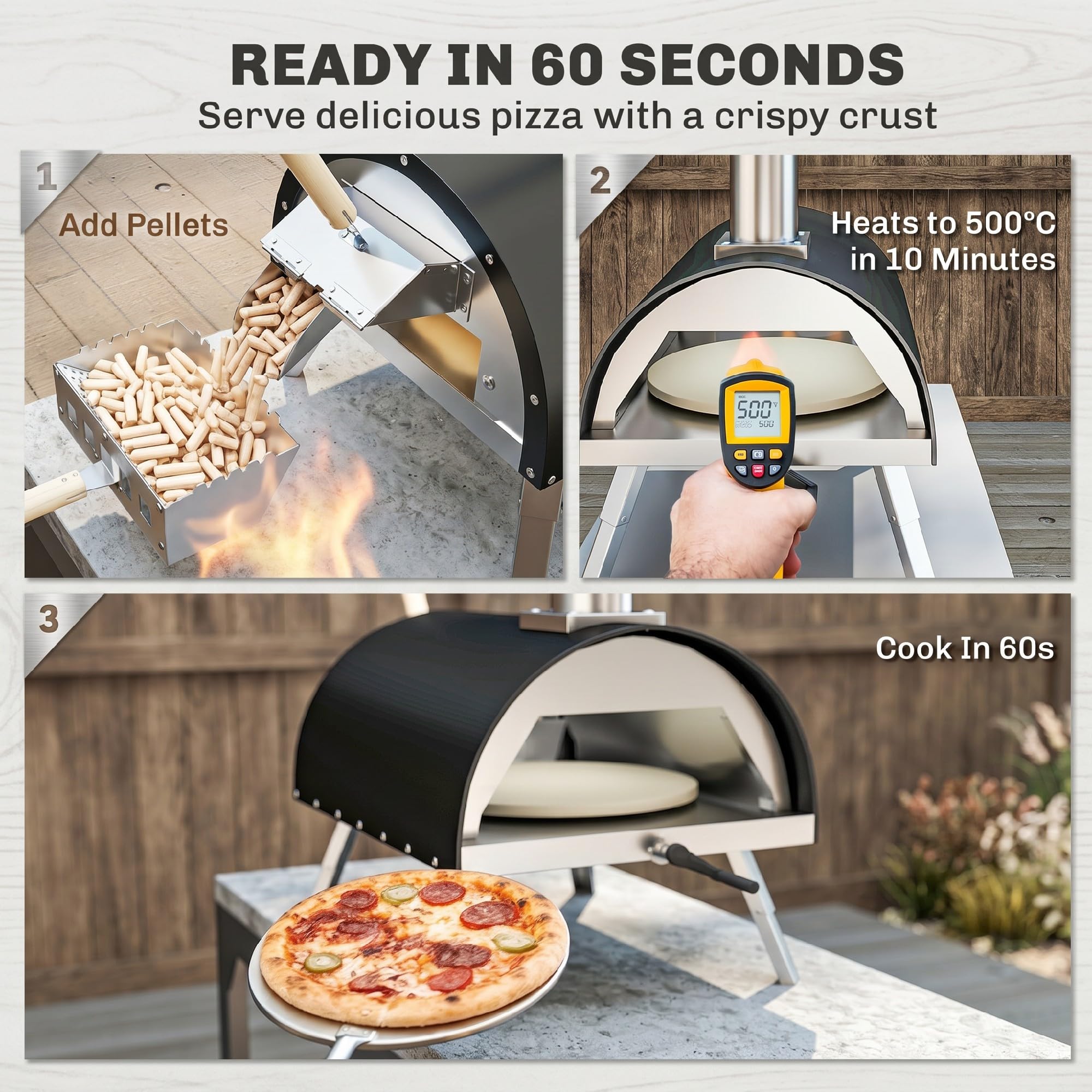 Outsunny Horno de pizza al aire libre de 12 pulgadas para mesa, portátil de pellets de madera con piedra giratoria, termómetro, chimenea extraíble, pelar, patas plegables, parrilla de acero inoxidable