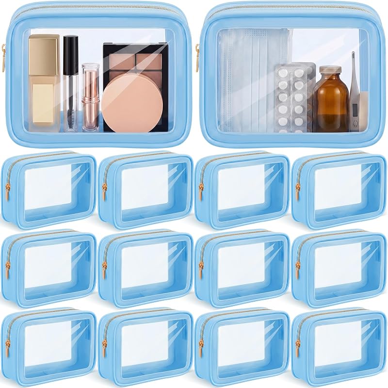 Hsei 12 Necessaires transparentes de PVC com zíper, borda azul e organizador para viagem