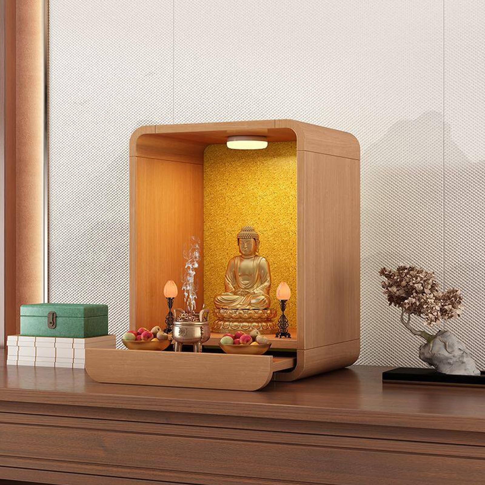 JNTFNE Modern Minimalist Buddhist Shrine Altar Table for Home, Wood Buddha Cabinet with Drawer & LED Light Guanyin, God of Wealth(Light Walnut,Medium)