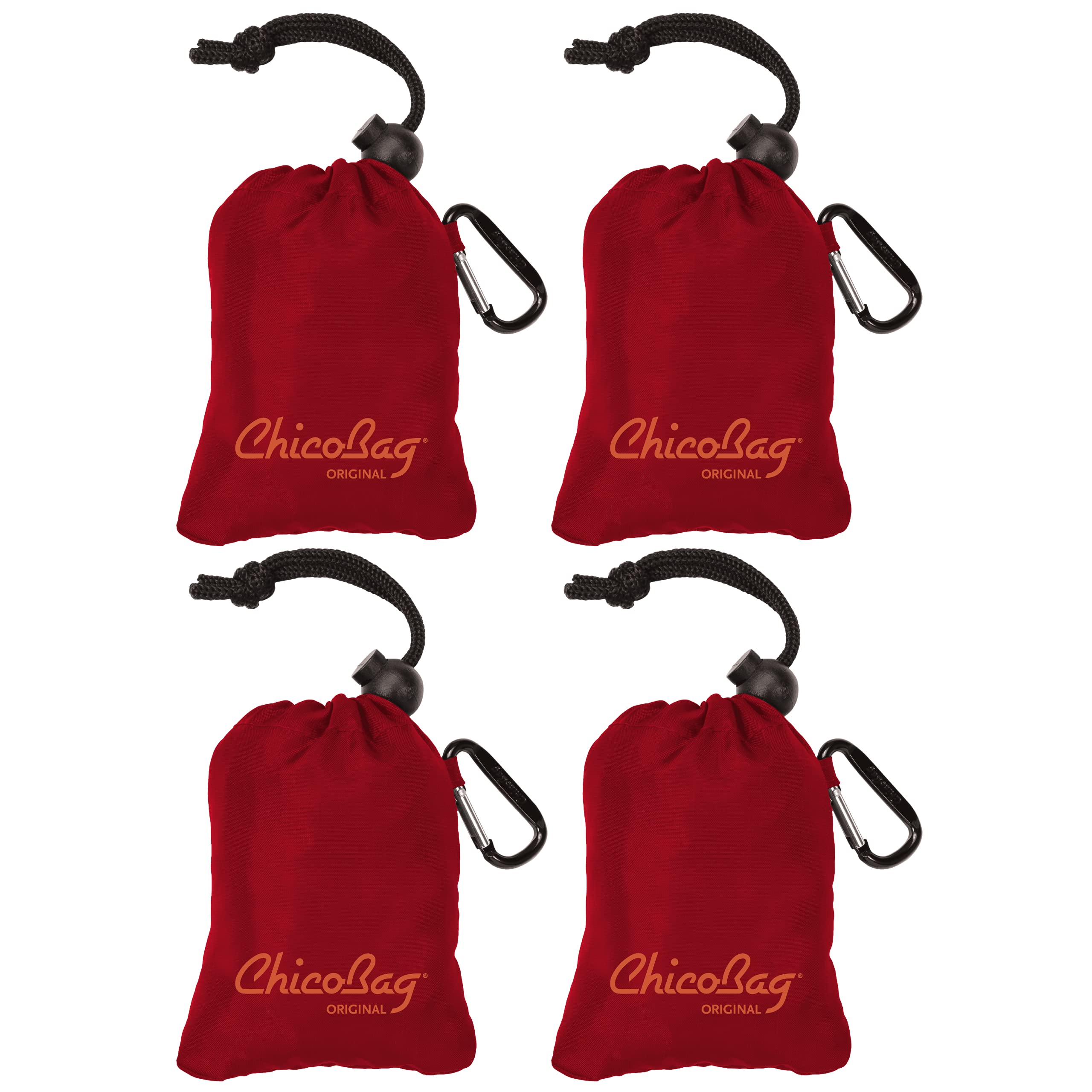 ChicoBag Original Compact Reusable Grocery Bag w/Attached Pouch and Carabiner Clip | Perfect for Shopping, Travel, Organization | Eco-Conscious Packable Tote | Red (Pack of 4)