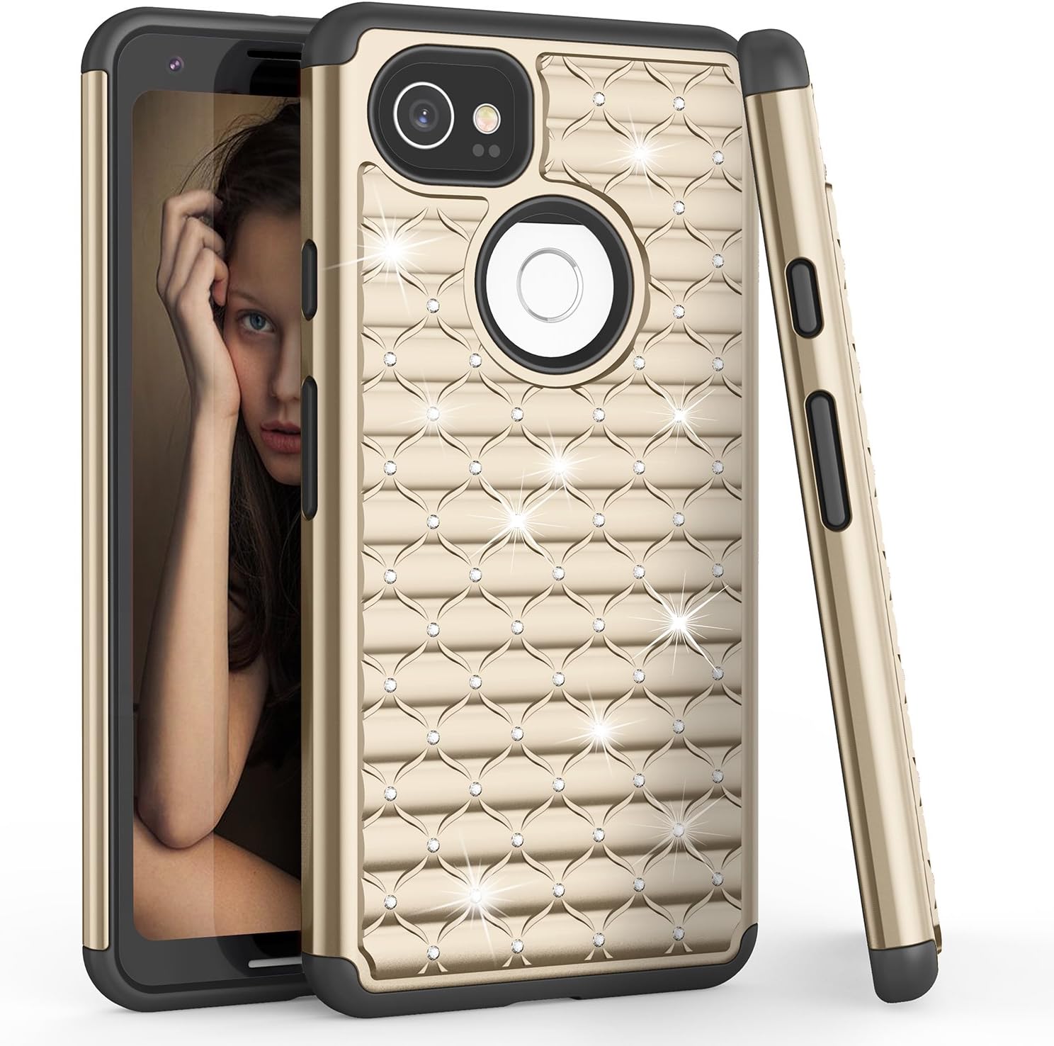 TILL for Google Pixel 2XL Case, TILL Studded Rhinestone Crystal Bling Diamond Sparkly Luxury Shock Absorbing Hybrid Dual Layer Armor Defender Rugged Glitter Cute Case Cover for Girls Women [Gold]