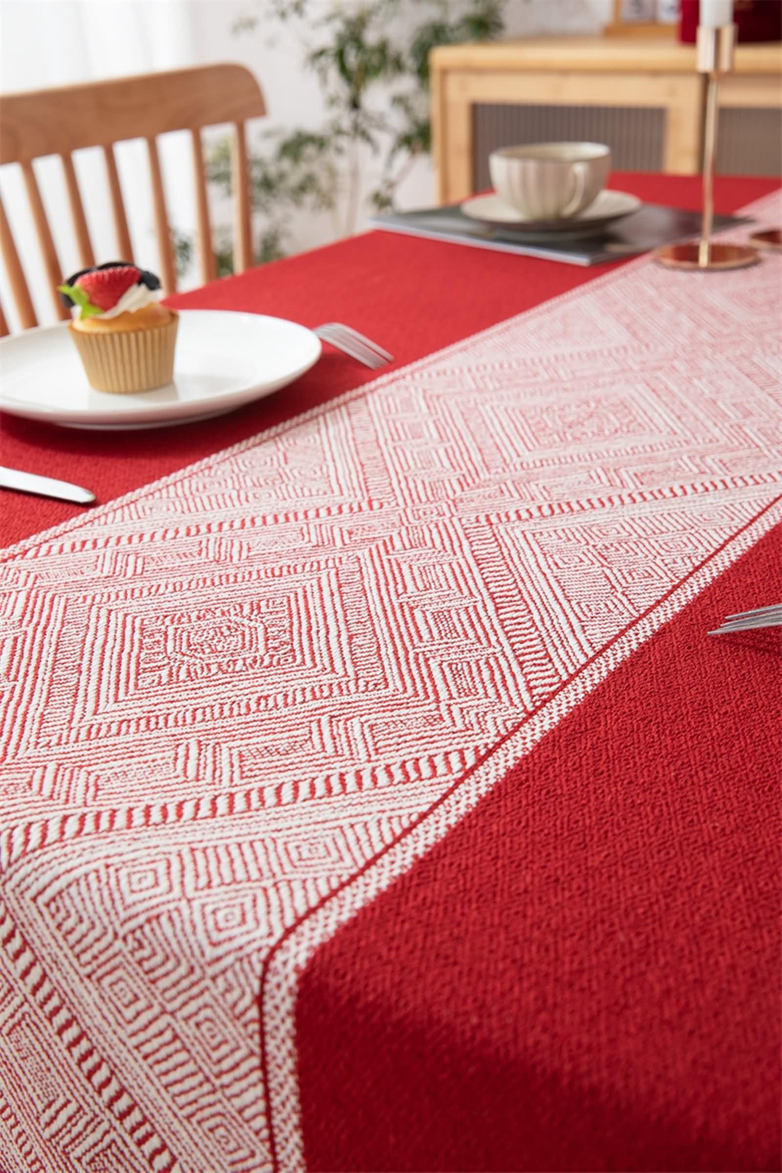 Mantel Lavable Rectangular Rojo Mesa, Patrón de Geométrico con Borlas, de Poliéster Fácil de Limpiar, 140 x 220 cm, Mantel para Restaurante