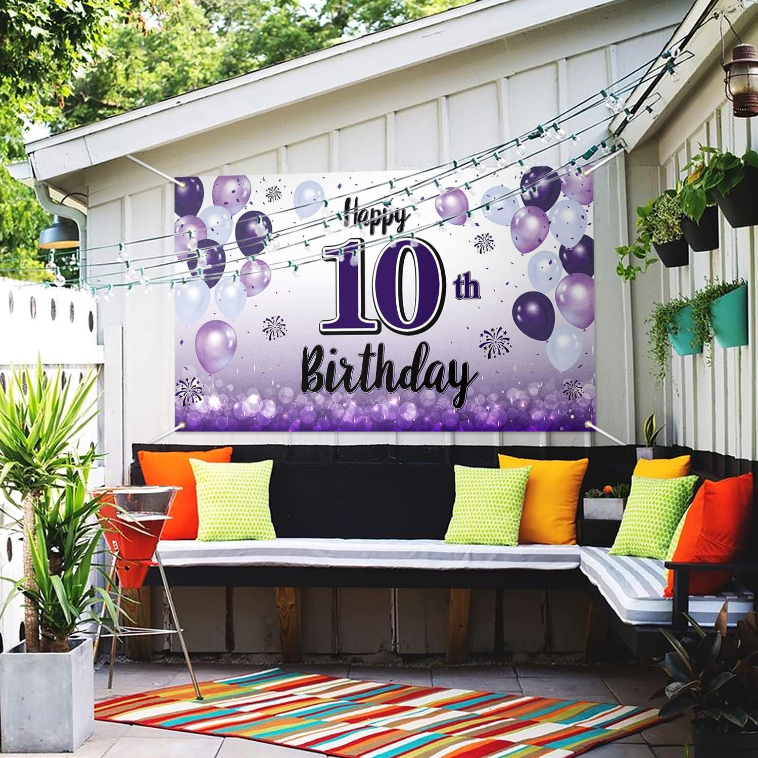 Happy 10th Birthday Decorations,10th Purple Balloon Large Birthday Banner Backdrop Sign,Cheers to Ten Years Old Bday Party Supplies.